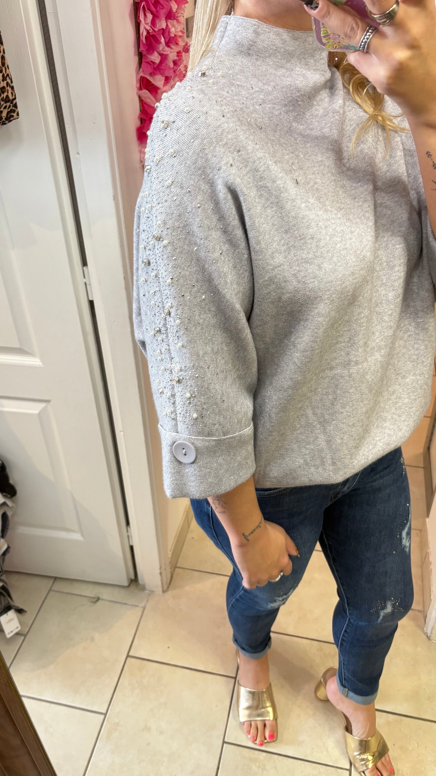 Pull gris à perles S/M