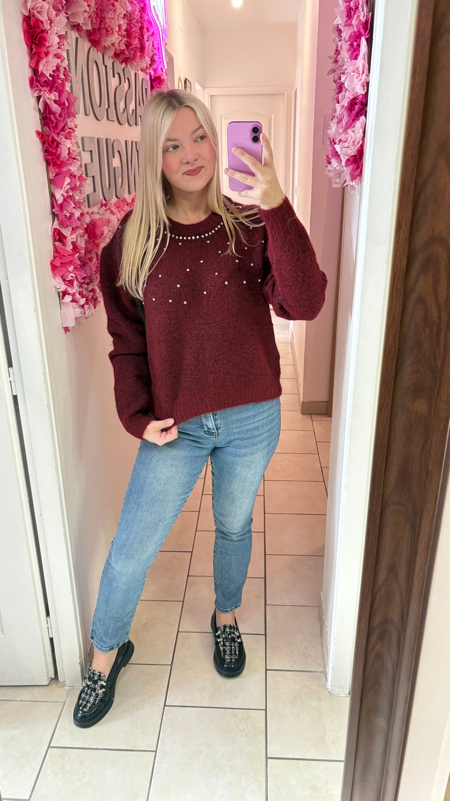 Pull à strass bordeaux